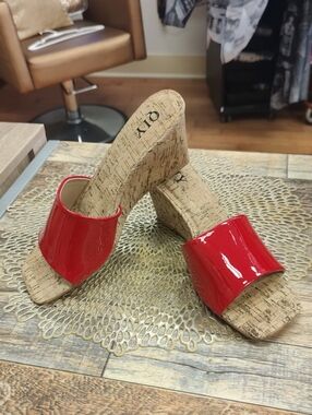 Nollie Red Patent Cork Wedge Slides
